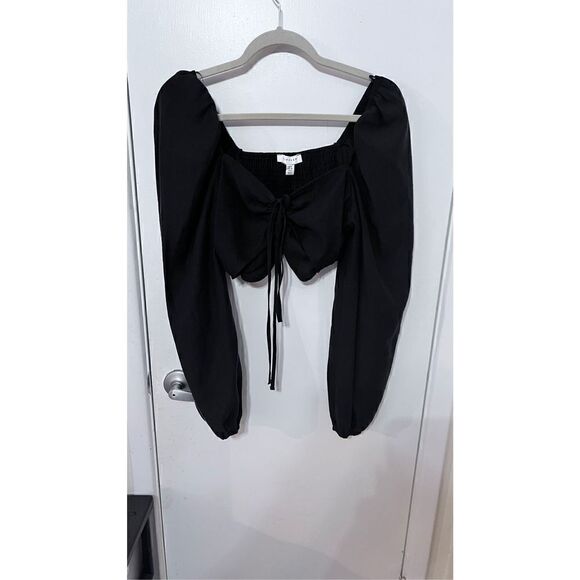 Topshop Women's Tie Front Gathered Back Long Sleeve Crop Top Black Size 8 NWT - Picture 1 of 14